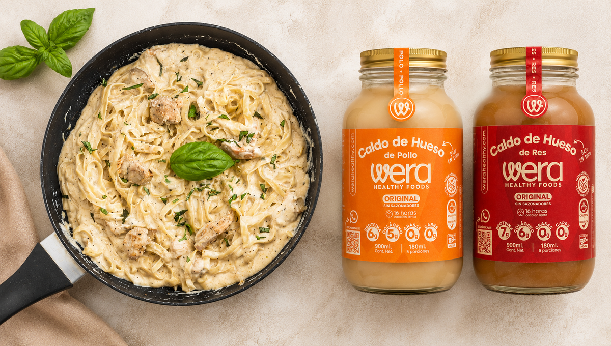 Spaghetti con Pollo: Cremosito, reconfortante y con los beneficios de nuestro Caldo de Hueso.